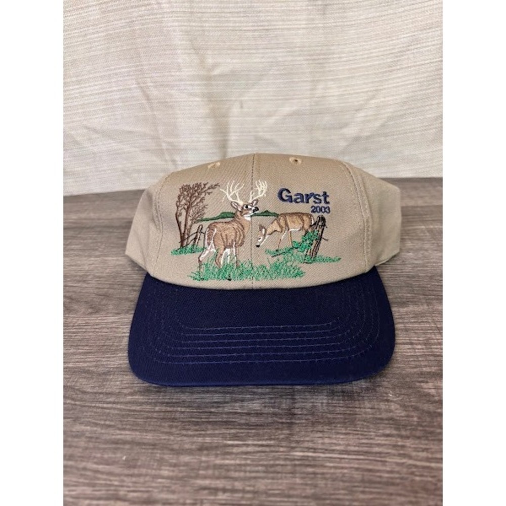 Vintage 2003 Garst Seed Whitetail‎ Deer Snapback Hat Tan Navy Blue Legend USA